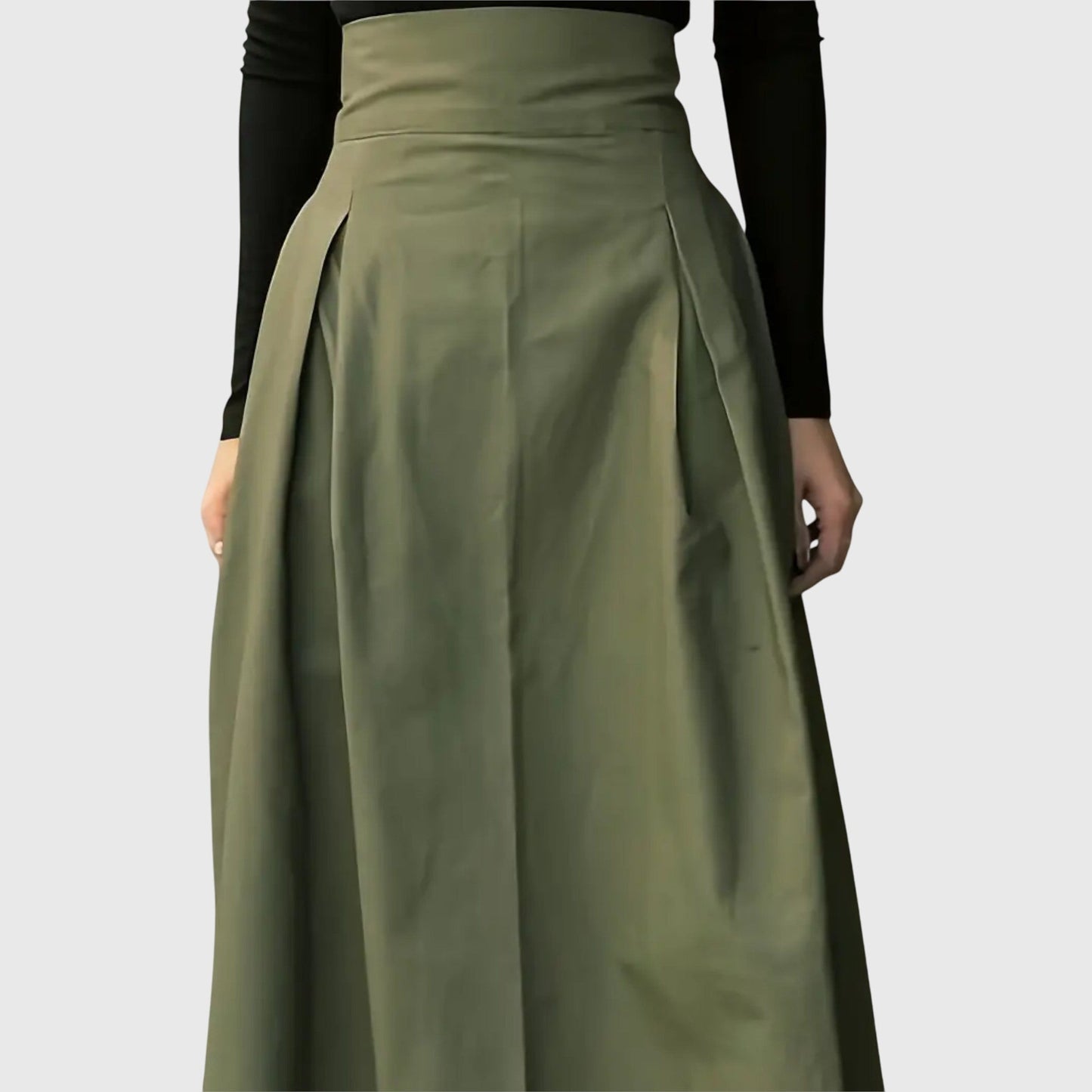 Falda Midi Verde Elegante para Mujeres con Cintura Alta, Estilo A, Plisada, Con Cierre Frontal, Casual