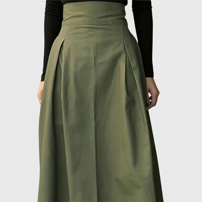 Falda Midi Verde Elegante para Mujeres con Cintura Alta, Estilo A, Plisada, Con Cierre Frontal, Casual