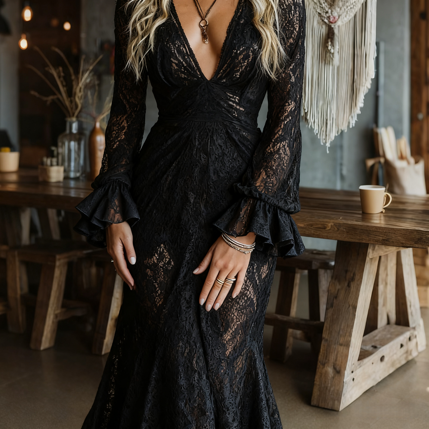Elegante Vestido Maxi de Encaje Negro para Mujeres con Escote en V y Mangas de Campana Transparentes Estilo Bohemio