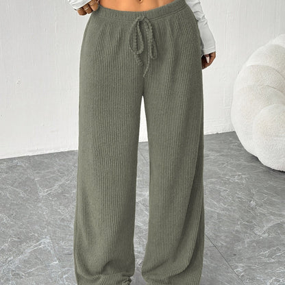 Pantalones Anchos de Punto Acanalado para Mujeres con Cintura Alta y Cuerda de Ajuste, Estilo Casual Relajado