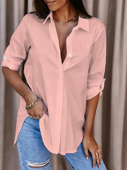 Blusa Sin Esfuerzo para Mujeres con Cuello, Manga Larga, Tablero de Rollo, Estilo Casual Oversized