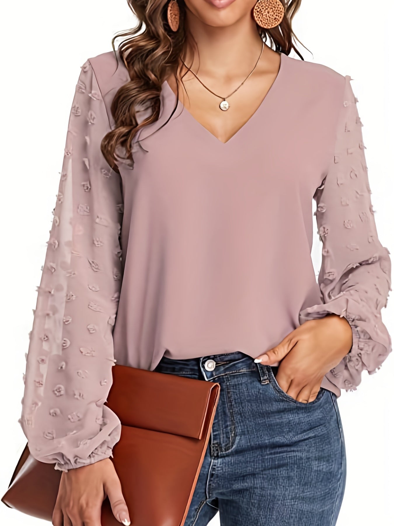 Blusa de Puntos Suizos sin Esfuerzo para Mujeres con Cuello en V y Manga Obispo de Chifón Texturizado Estilo Casual