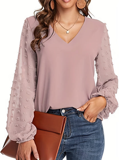 Blusa de Puntos Suizos sin Esfuerzo para Mujeres con Cuello en V y Manga Obispo de Chifón Texturizado Estilo Casual
