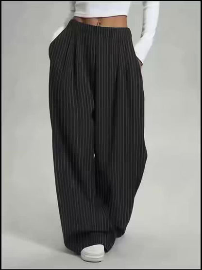 Pantalones Anchos de Rayas en Negro para Mujeres con Cintura Alta, Plisados y Estilo Relajado
