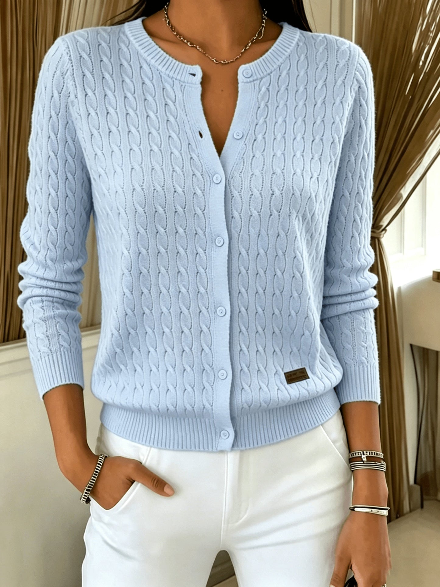 Suéter de Cárdigan de Punto Trenzado Cómodo para Mujeres con Cuello Redondo, Manga Larga y Estilo Casual Relajado