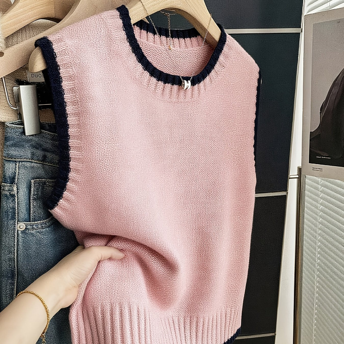 Chaleco de Suéter de Contraste Cómodo para Mujeres con Cuello Redondo, Sin Mangas, dobladillo Acanalado, Estilo Oversized