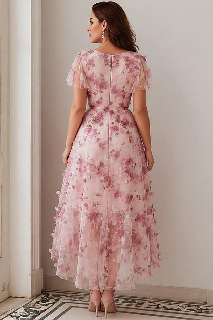 Elegante Vestido Midi Floral Rosa Claro para Mujeres con Escote en V y Mangas de Volante para Invitadas de Boda