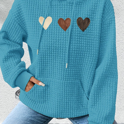 Sudadera de punto waffle con estampado de corazones cómoda para mujeres, con capucha, mangas largas y bolsillo canguro, estilo oversized