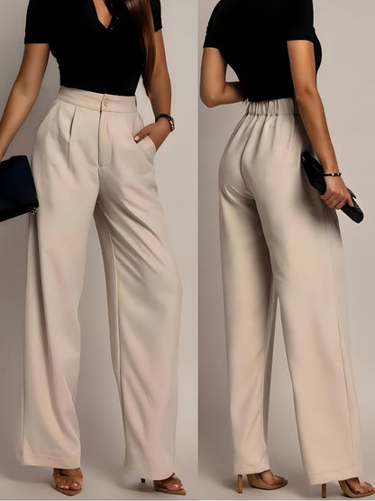 Pantalones de Pierna Ancha Sin Esfuerzo para Mujeres con Cintura Alta y Frente Plisado en Estilo Relajado y Ajustado