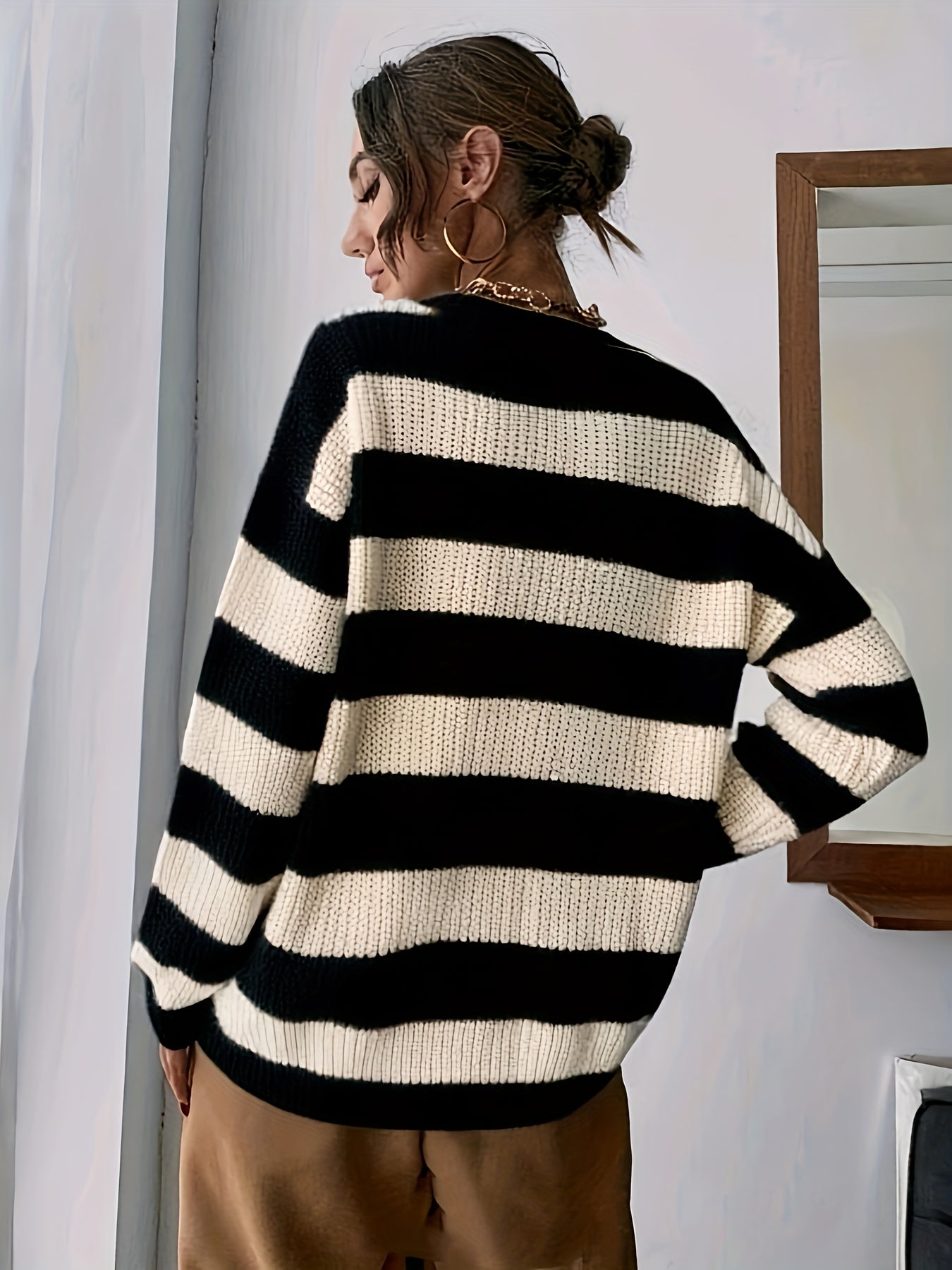 Suéter a Rayas Cómodo para Mujeres con Cuello Redondo, Manga Larga, Estilo Relajado y Oversized