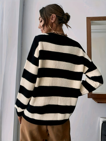 Suéter a Rayas Cómodo para Mujeres con Cuello Redondo, Manga Larga, Estilo Relajado y Oversized