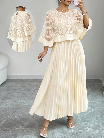 Elegante Vestido Largo Plisado Floral para Mujeres con Cuello Redondo y Manga Capa con Apliques, Estilo Formal para Invitadas de Boda