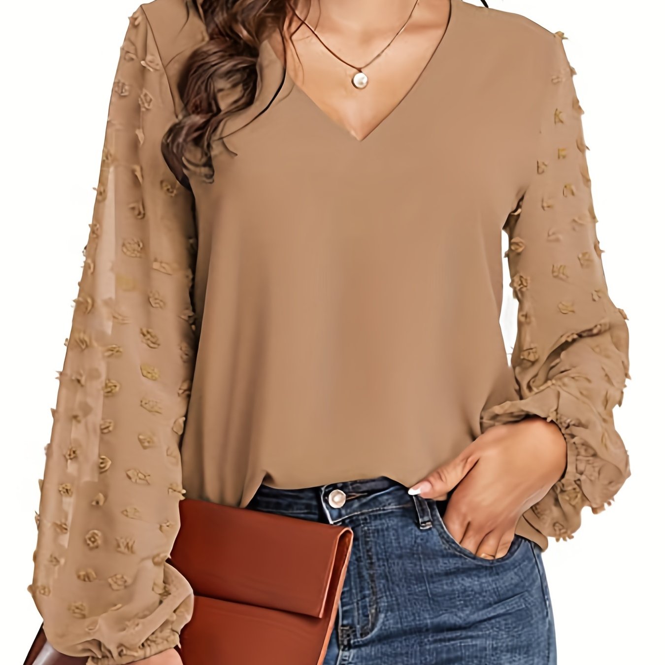 Blusa de Puntos Suizos sin Esfuerzo para Mujeres con Cuello en V y Manga Obispo de Chifón Texturizado Estilo Casual