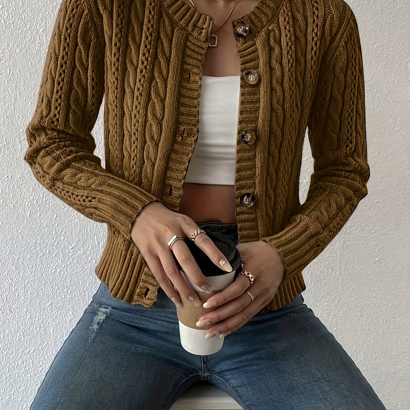 Suéter Cardigan de Punto de Cable Cómodo para Mujeres con Cuello Redondo, Manga Larga, Botones Frontal y Estilo Corto Casual