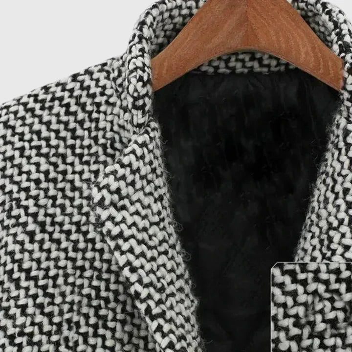 Abrigo de Tweed en Cuadros Grises Elegante para Mujeres con Solapa Escotada de Manga Larga y Estilo Relajado