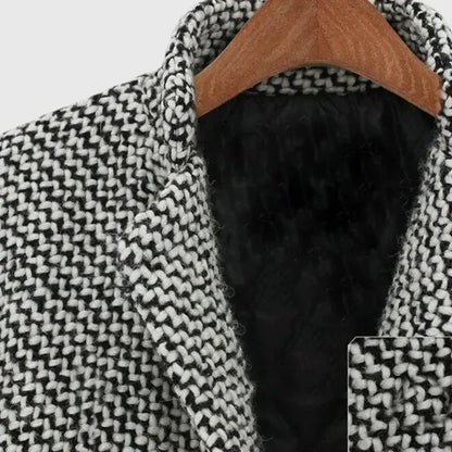 Abrigo de Tweed en Cuadros Grises Elegante para Mujeres con Solapa Escotada de Manga Larga y Estilo Relajado