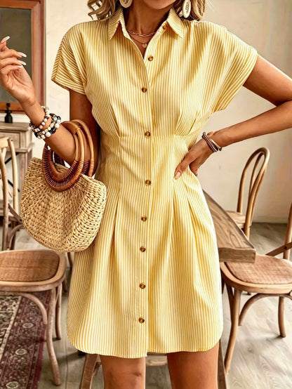 Vestido Camisa A-Line de Manga Corta a Rayas Elegante para Mujeres, Vestido Casual de Oficina de Verano de Cintura Alta con Botones en Pastel Claro, Fabricado en Poliéster Cómodo, Estilo Francés, Color Sólido, Vestido Camisa para Mujeres, Vestido Camisa C