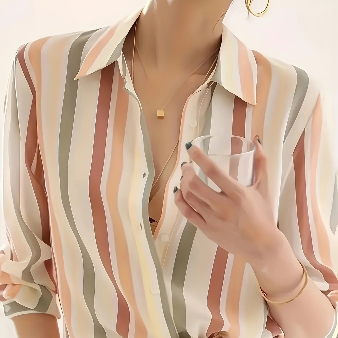 Blusa de Chifón Rayada Sin Esfuerzo para Mujeres con Cuello, Manga Larga, Botones Frontales y Estilo Sedoso Relajado