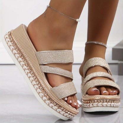 Sandalias de Plataforma de Oro Cómodas para Mujeres con Doble Correa Estilo Espadrille Trenzado