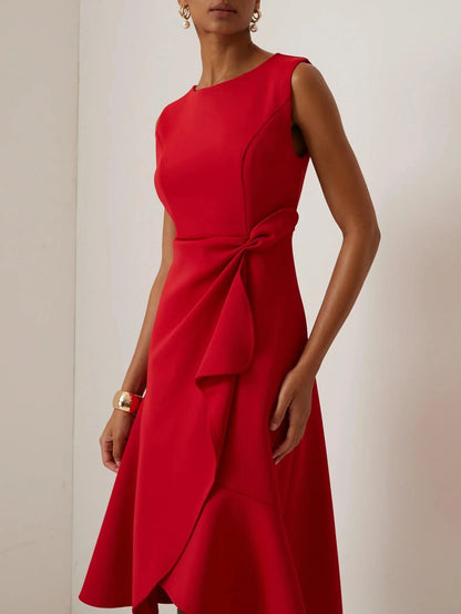 Vestido Midi Elegante con Drapé para Mujeres con Escote Barco, Sin Mangas y Bajo con Volantes Asimétricos Estilo Cóctel