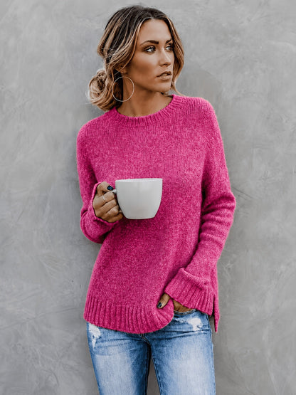 Suéter de Punto Melange Cómodo para Mujeres con Cuello Redondo, Mangas Largas y Puños de Campana, Estilo Oversized y Relajado