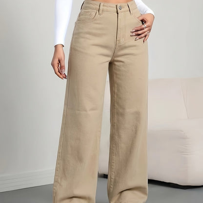 Jeans de Pierna Ancha Khaki Sin Esfuerzo para Mujeres con Cintura Alta y Estilo Casual Relajado