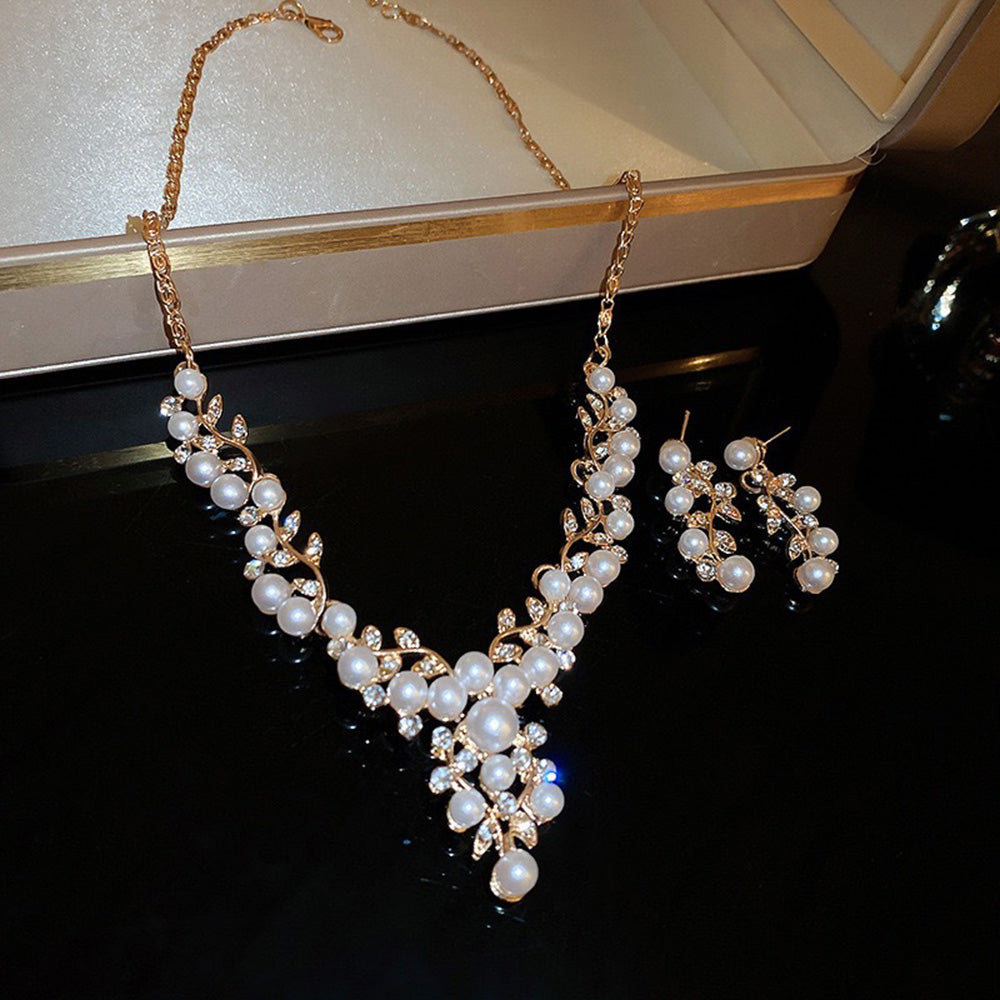 Conjunto de Collar de Perlas Verde Polvoriento Elegante con Pendientes de Rhinestone y Colgante de Hoja de Vid para Mujeres, Estilo Formal de Fiesta