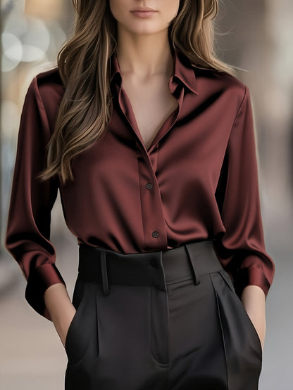 Blusa de Satén Elegante para Mujeres con Cuello, Manga Larga y Botones, Estilo Relajado y Sedoso