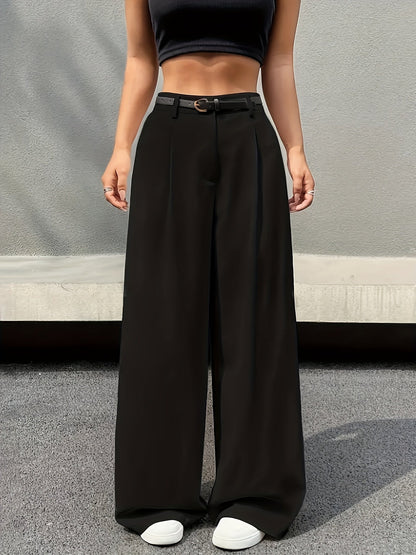 Pantalones de Pierna Ancha a Medida para Mujeres con Cintura Alta y Cinturón Plisado de Estilo Relajado