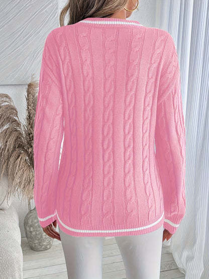 Suéter de Punto Trenzado Cómodo para Mujeres con Escote en V, Manga Larga, Detalle de Rayas y Estilo Oversized