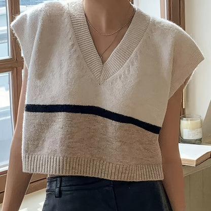 Chaleco de Punto a Rayas Elegante en Albaricoque para Mujeres con Escote en V Sin Mangas y Estilo Corto en Bloques de Color