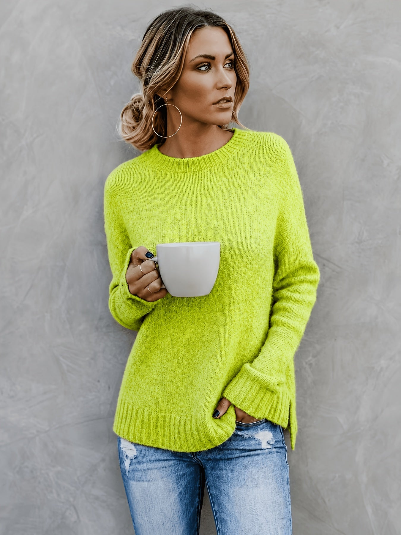Suéter de Punto Melange Cómodo para Mujeres con Cuello Redondo, Mangas Largas y Puños de Campana, Estilo Oversized y Relajado