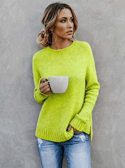 Suéter de Punto Melange Cómodo para Mujeres con Cuello Redondo, Mangas Largas y Puños de Campana, Estilo Oversized y Relajado