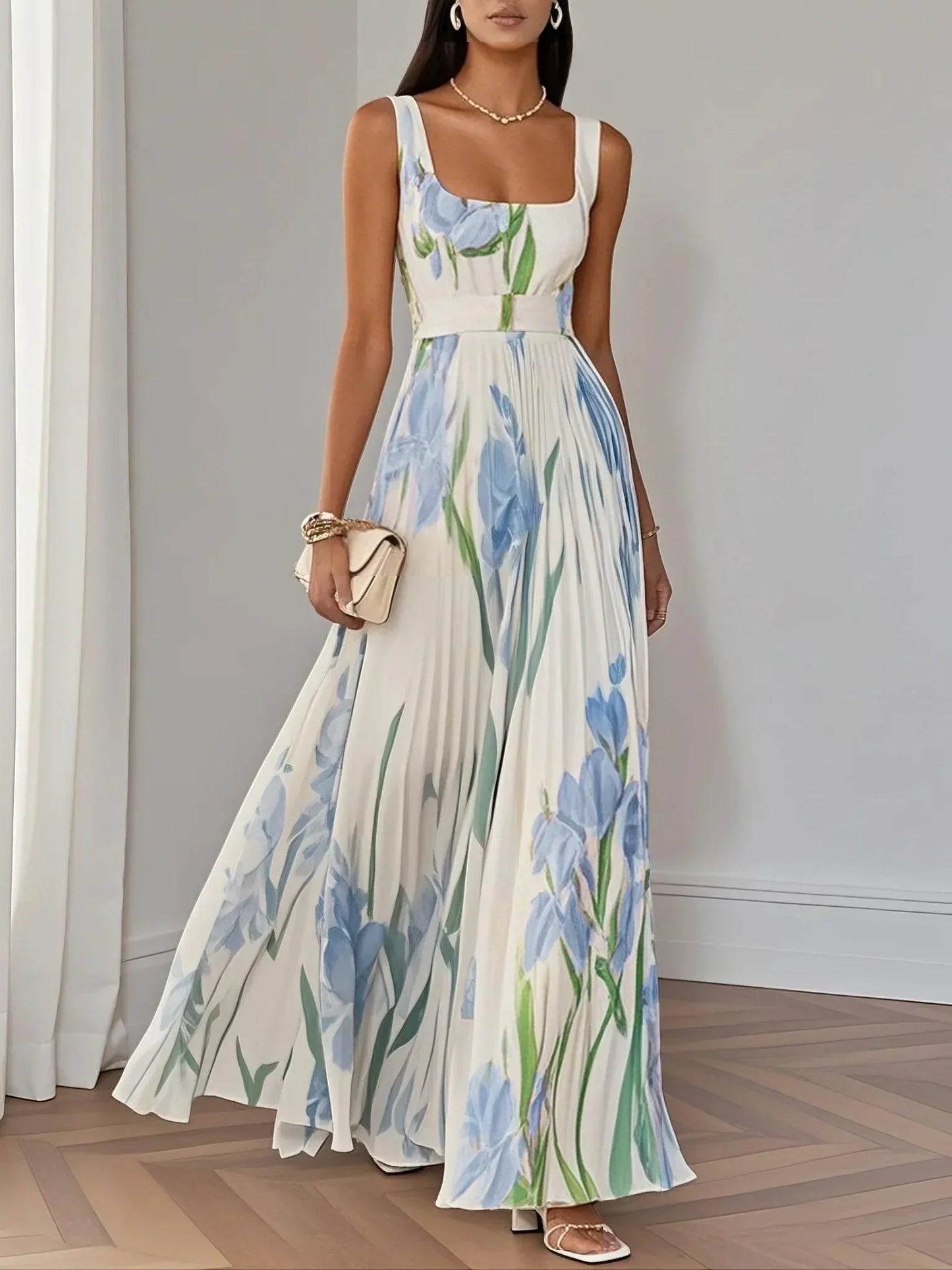 Vestido Maxi Floral Elegante para Mujeres con Escote Cuadrado Sin Mangas y Cinturón con Pliegues