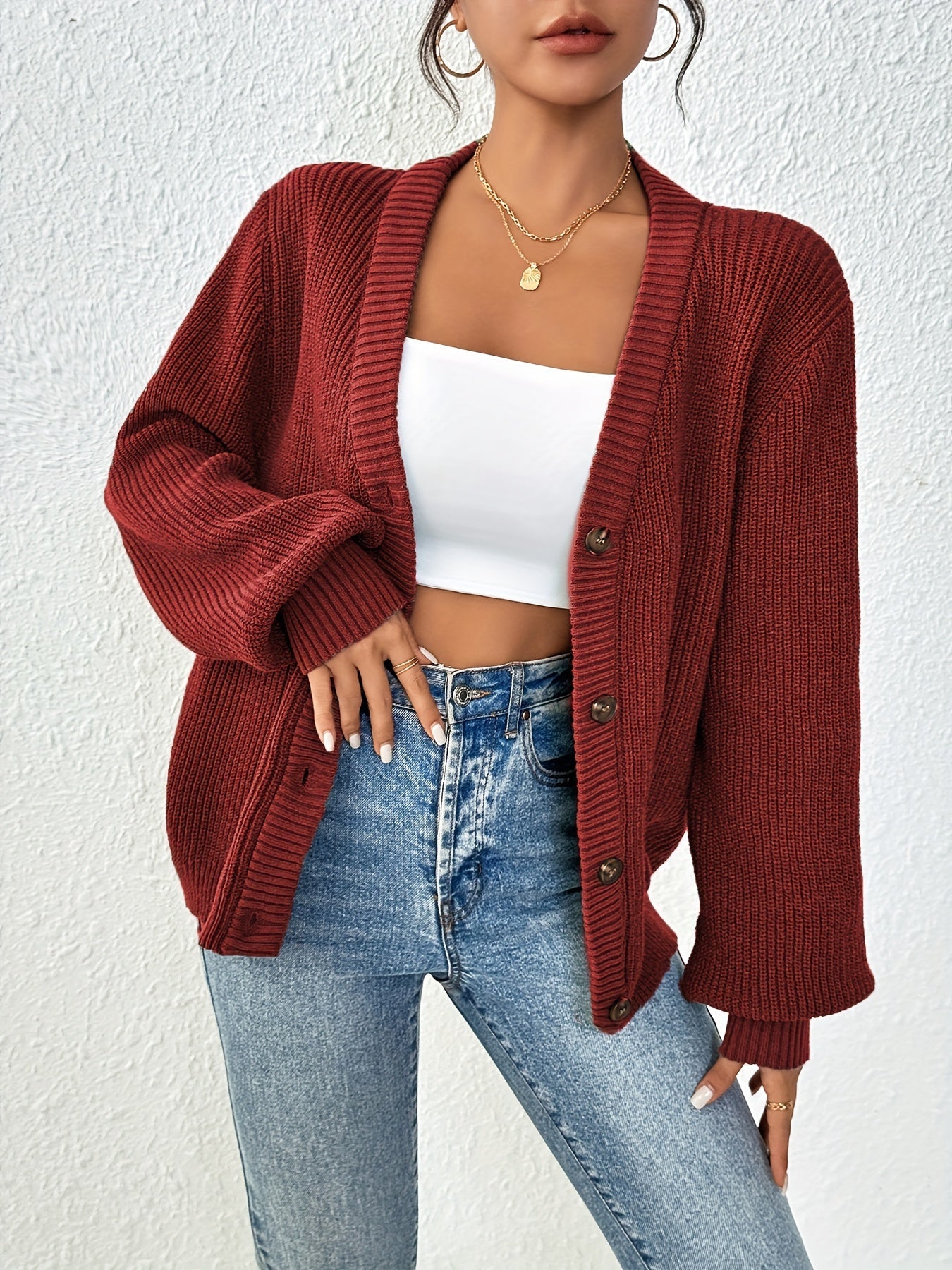 Cárdigan de Punto Acanalado Cómodo para Mujeres con Cuello en V, Mangas Globo, Botones en la Parte Frontal y Estilo Oversized