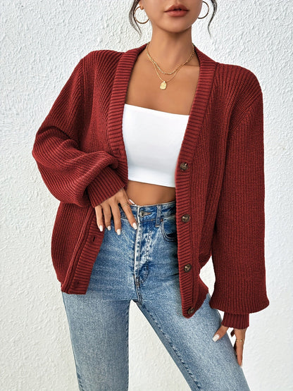 Cárdigan de Punto Acanalado Cómodo para Mujeres con Cuello en V, Mangas Globo, Botones en la Parte Frontal y Estilo Oversized