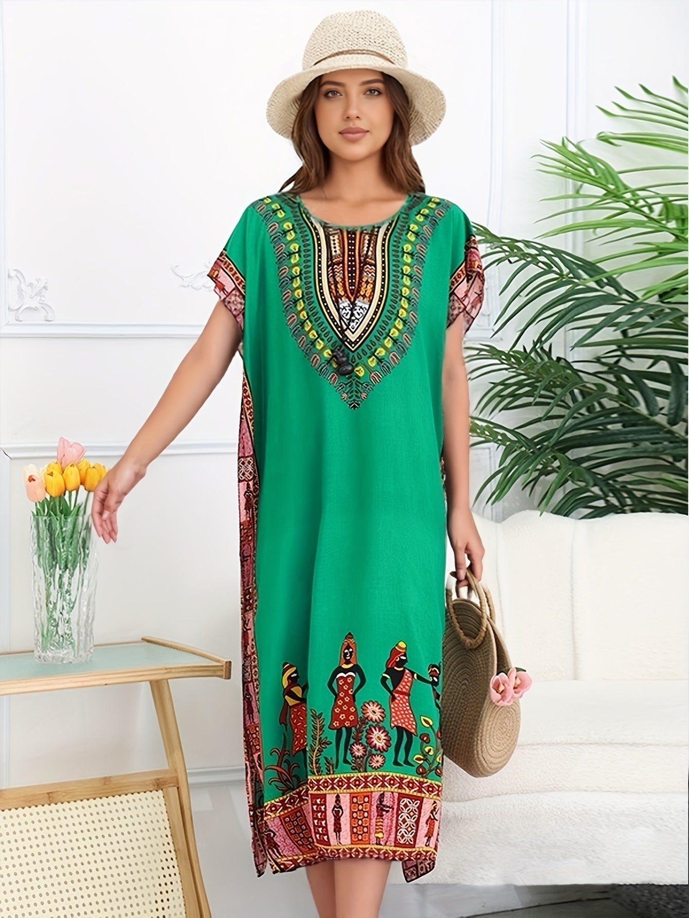 Vestido Kaftán de Impresión Tribal Sin Esfuerzo para Mujeres con Escote en V y Manga Corta Estilo Bohemio