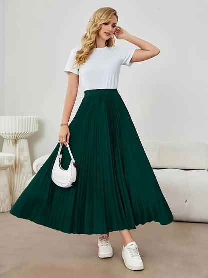 Elegante Falda Maxi Plisada Verde Oscuro para Mujeres con Cintura Alta Estilo A Linea Fluida