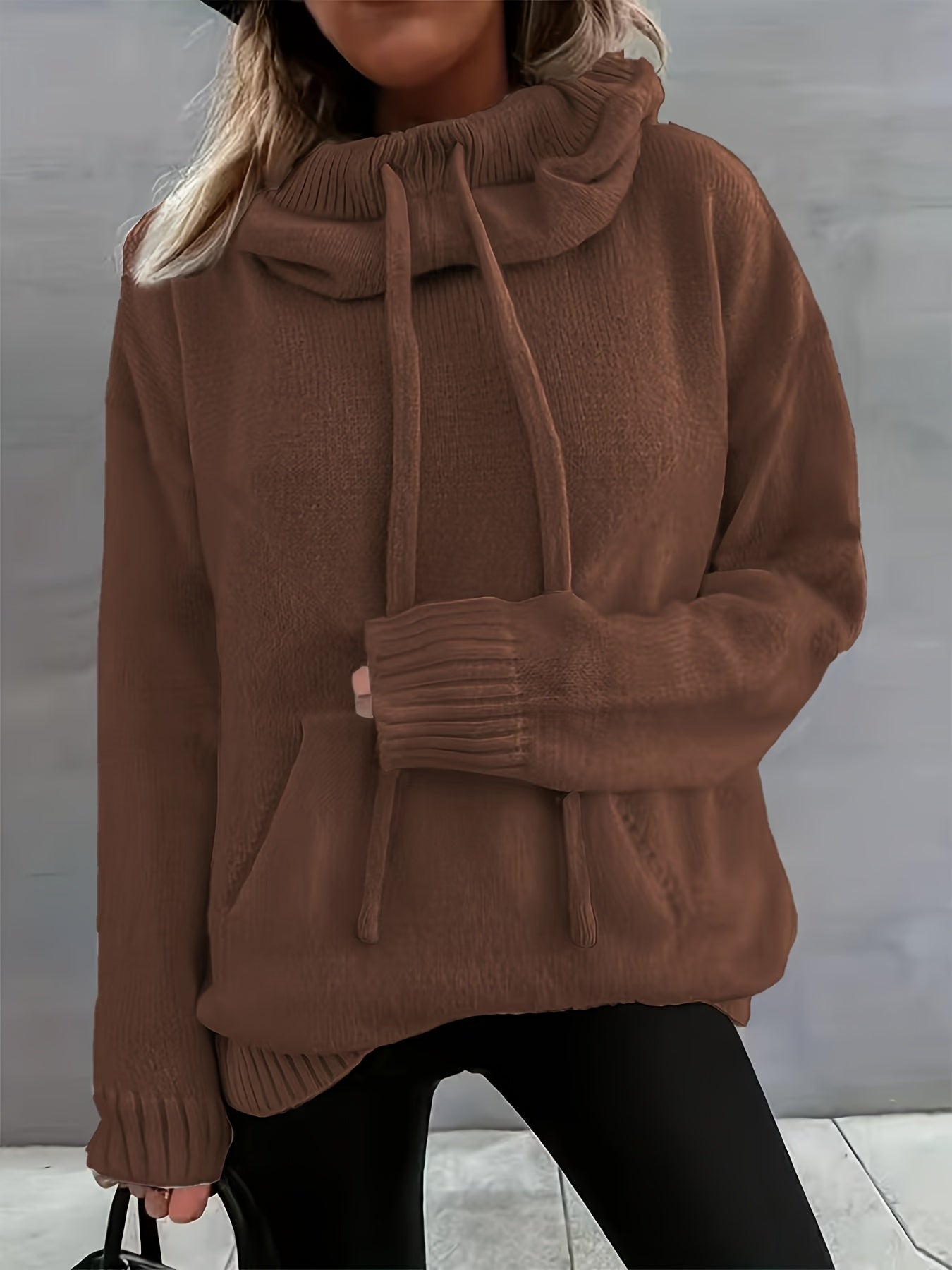 Suéter de punto cómodo para mujeres con cuello de capa, manga larga, cordón y estilo oversized