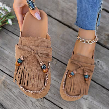 Mules Elegantes para Mujeres con Flecos, Borlas, Cuentas y Estilo Mocasín Slip On