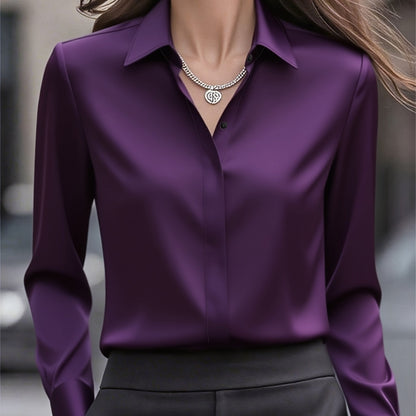 Blusa de Satén Elegante para Mujeres con Cuello, Manga Larga, Botón Frontal y Estilo Relajado