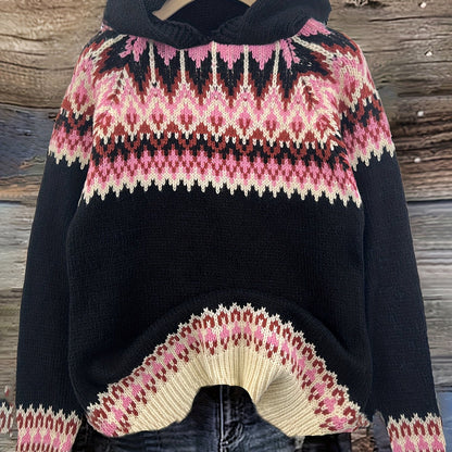 Suéter Cómodo Fair Isle para Mujeres con Capucha y Manga Larga Relajada de Estilo Oversized