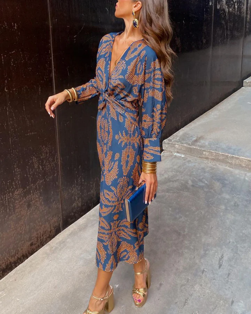 Vestido Maxi Impreso Sin Esfuerzo para Mujeres con Escote en V, Manga Larga y Frente Torcido Estilo Bohemio