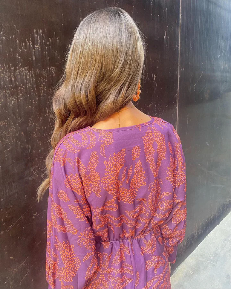 Vestido Maxi Impreso Sin Esfuerzo para Mujeres con Escote en V, Manga Larga y Frente Torcido Estilo Bohemio