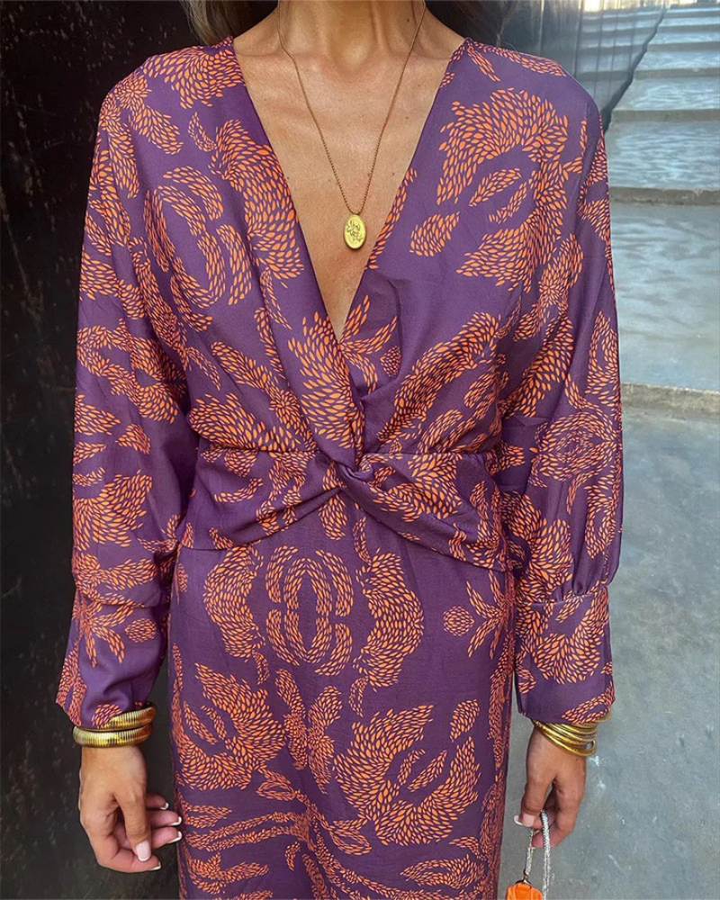 Vestido Maxi Impreso Sin Esfuerzo para Mujeres con Escote en V, Manga Larga y Frente Torcido Estilo Bohemio