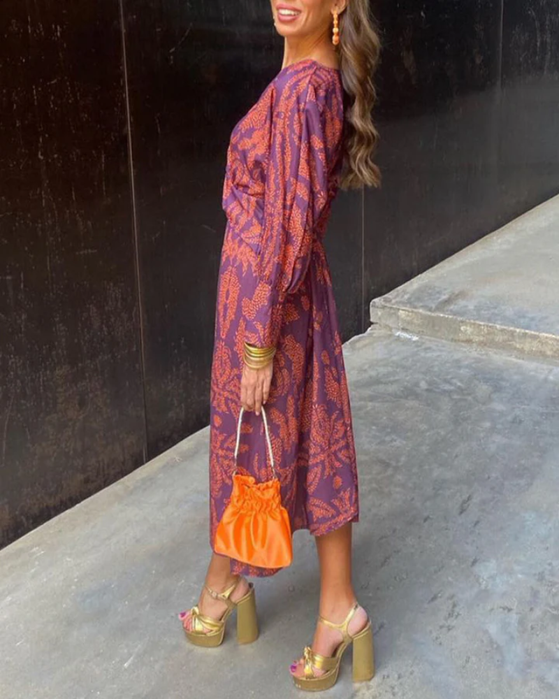 Vestido Maxi Impreso Sin Esfuerzo para Mujeres con Escote en V, Manga Larga y Frente Torcido Estilo Bohemio