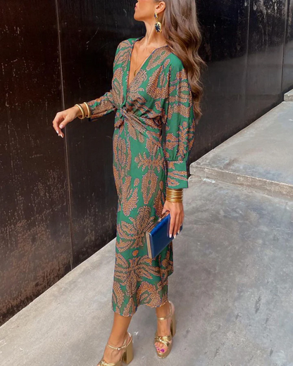 Vestido Maxi Impreso Sin Esfuerzo para Mujeres con Escote en V, Manga Larga y Frente Torcido Estilo Bohemio