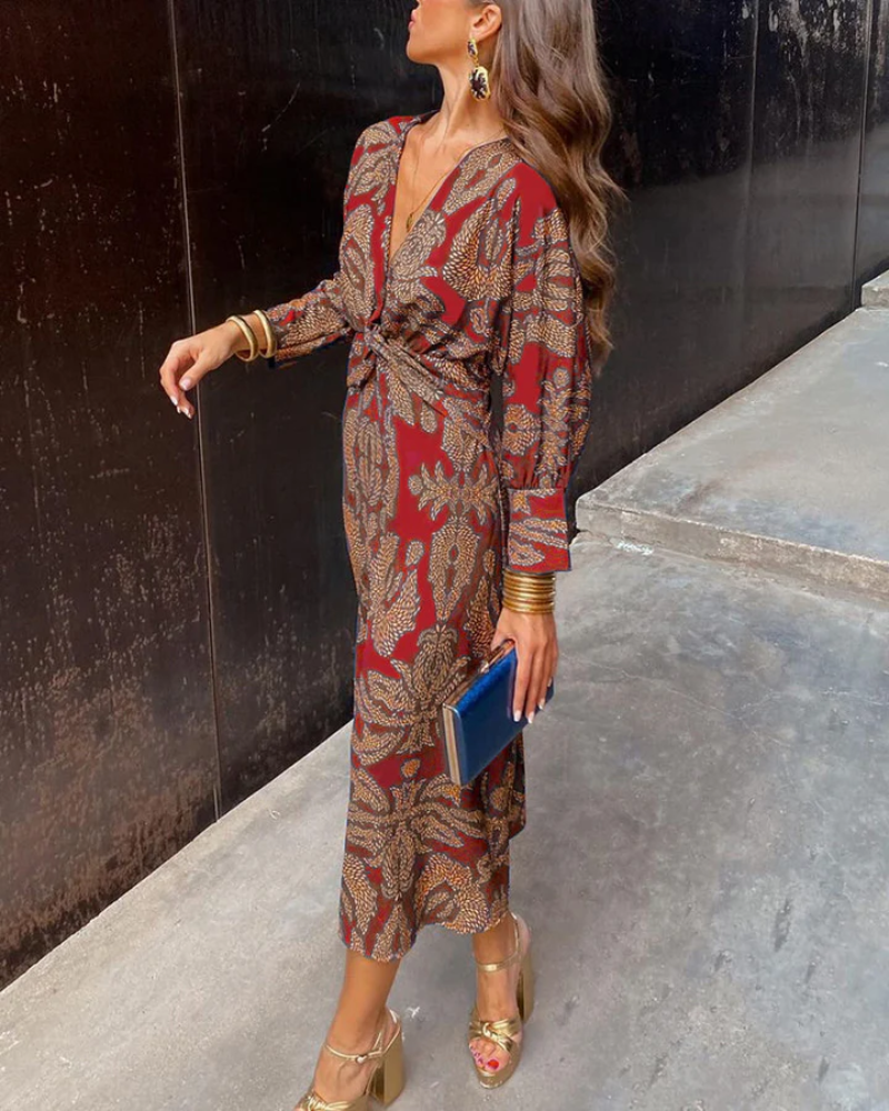 Vestido Maxi Impreso Sin Esfuerzo para Mujeres con Escote en V, Manga Larga y Frente Torcido Estilo Bohemio