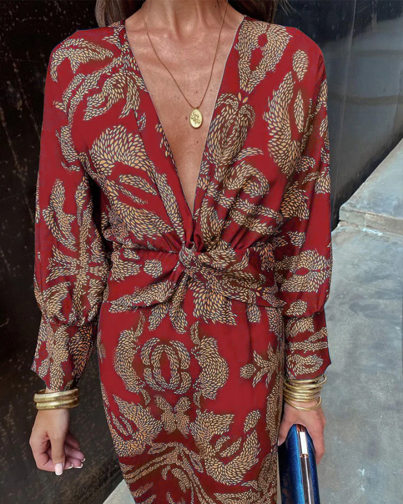 Vestido Maxi Impreso Sin Esfuerzo para Mujeres con Escote en V, Manga Larga y Frente Torcido Estilo Bohemio