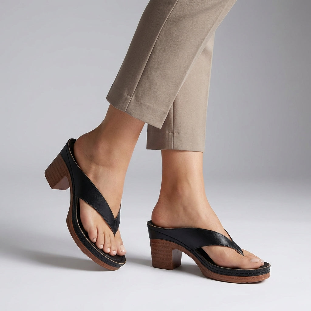 Sandalía de Plataforma Elegante de Cuero Negro para Mujeres con Tira de Dedo y Tacón de Madera Apilada Estilo Casual